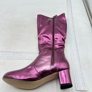 Dark Purple Leather Knee High Boots Chunky High Heels Round Toe Long Booties